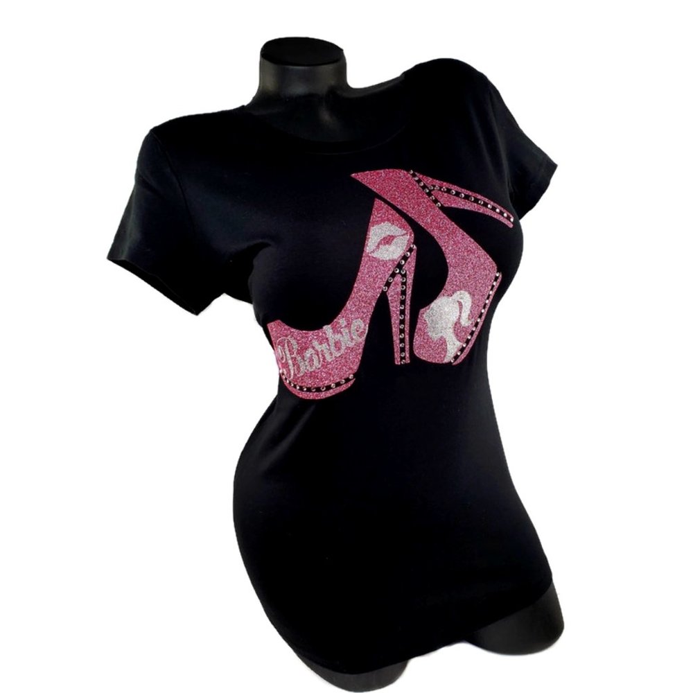 Barbie with Sexy Heel on Black Fitted Spandex Tee.